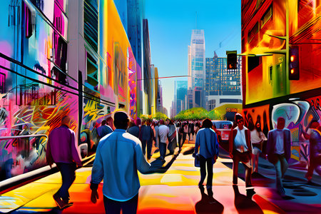 vibrant urban scene bustling city street alive with pedestrians and digital artの素材
