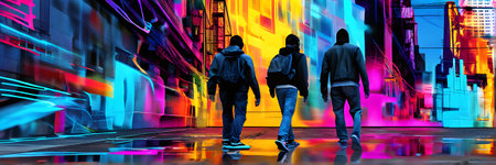 vibrant urban scene bustling city street alive with pedestrians and digital artの素材