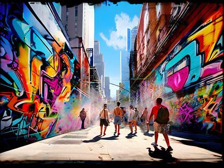 vibrant urban scene bustling city street alive with pedestrians and digital artの素材