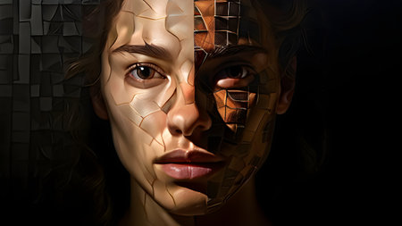 human portrait transitioning from lifelike human to a pixelated digital effectの素材