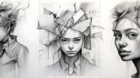 sketchpad pages filled with intricate pencil sketchesの素材