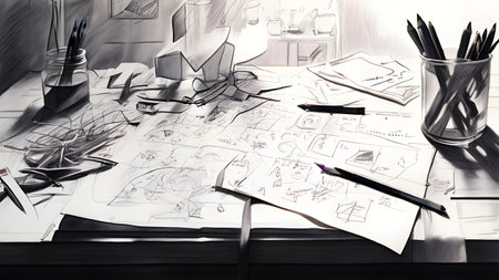 sketchpad pages filled with intricate pencil sketchesの素材