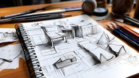 sketchpad pages filled with intricate pencil sketchesの素材