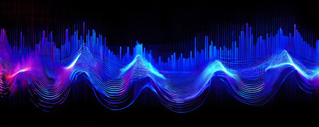 abstract depiction of sound waves interacting with digital particlesの素材