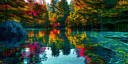 serene lake with reflections on the surface replaced with shimmering digital patternsの素材