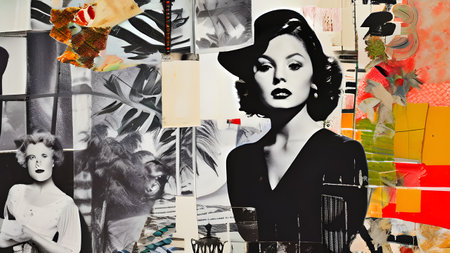 a whimsically modern and antiquated fusion collage where monochrome archival images are juxtaposed with vibrant colorsの素材
