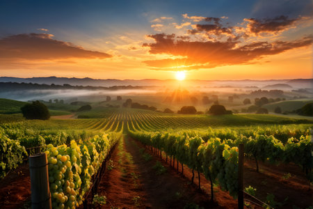 sunrise over a lush vineyard during autumn with harvest dew kissed grapes glistening (2)の素材