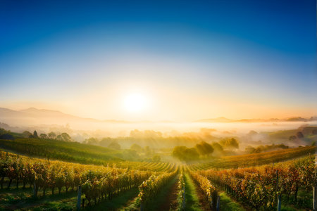 sunrise over a lush vineyard during autumn with harvest dew kissed grapes glistening (2)の素材