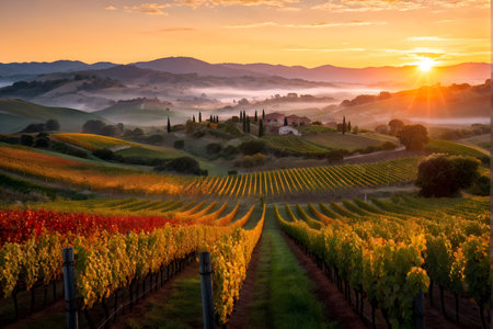 sunrise over a lush vineyard during autumn with harvest dew kissed grapes glistening (2)の素材