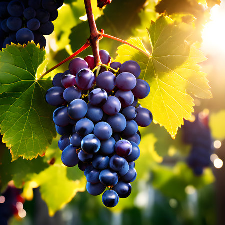 ripe grapes clinging to a vine sunlight dancing through the leaves accentuating their rich huesの素材