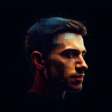 human head digitized in pixel art style presenting a mosaic of vibrant hues in neon glowの素材