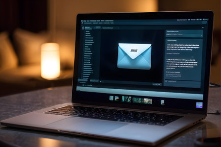 phishing email on an open laptop screen with cyber security warning popup blocking visible deceptive linksの素材