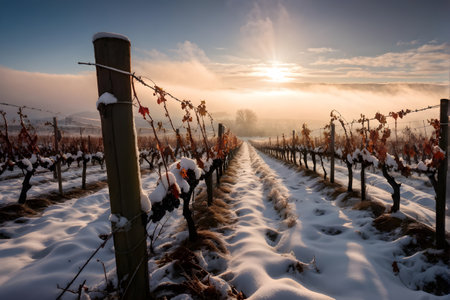 winter in the vineyard with snow blankets dormant vines and ambient lightの素材
