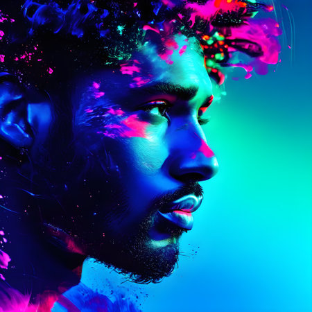 Abstract digital painting of a mans face in vibrant neon colorの素材