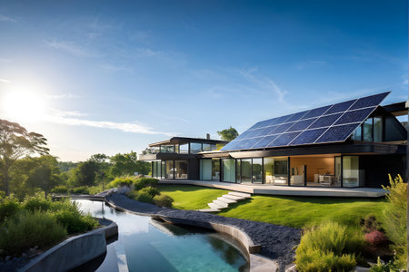 modern eco-friendly house equipped with solar panelsの素材
