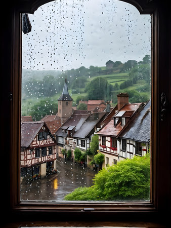 raindrops tracing paths down a large window with village with half timbered houses in background out of focusの素材