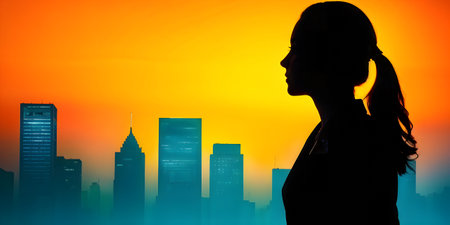 profile of business professional with a double exposure of city lights, representing business success against an evening skyの素材