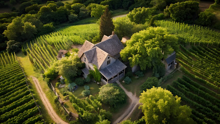 rustic vineyard cottage nestled amidst lush summer colored vine leavesの素材