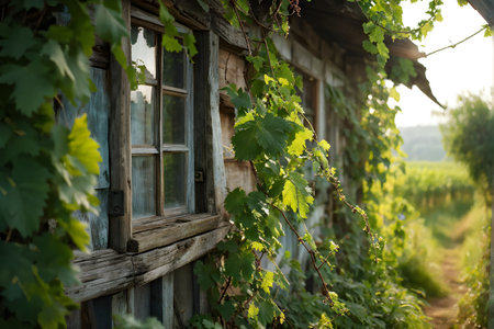rustic vineyard cottage nestled amidst lush summer colored vine leavesの素材