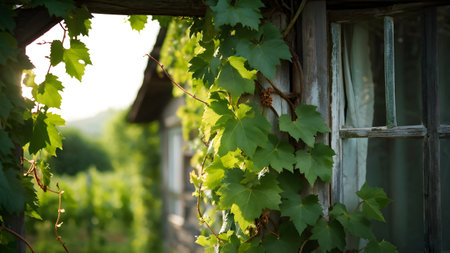 rustic vineyard cottage nestled amidst lush summer colored vine leavesの素材