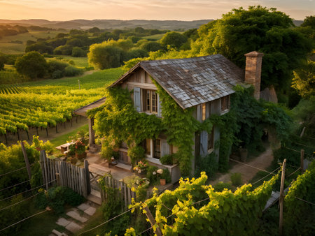rustic vineyard cottage nestled amidst lush summer colored vine leavesの素材