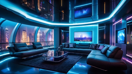 futuristic living room interior design with high-tech and luxury furnitureの素材