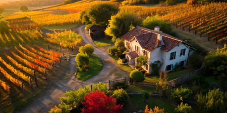 rustic vineyard cottage nestled in a canopy of vines leaves showcasing autumns color paletteの素材