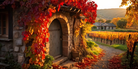 aerial view of a rustic vineyard cottage nestled in a canopy of vines leaves showcasing autumns color paletteの素材