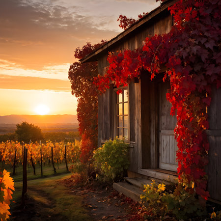 aerial view of a rustic vineyard cottage nestled in a canopy of vines leaves showcasing autumns color paletteの素材