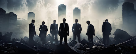 silhouettes of businessmen standing at a destroyed foggy cityscape overlay in double exposureの素材