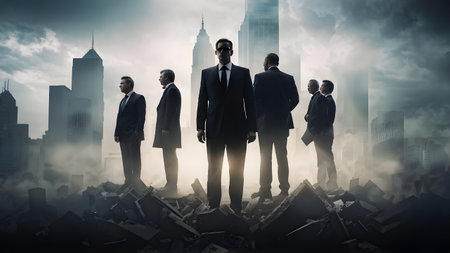 silhouettes of businessmen standing at a destroyed foggy cityscape overlay in double exposureの素材