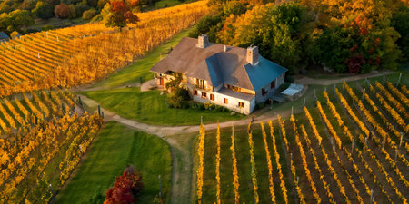 rustic vineyard cottage nestled in a canopy of vines leaves showcasing autumns color paletteの素材
