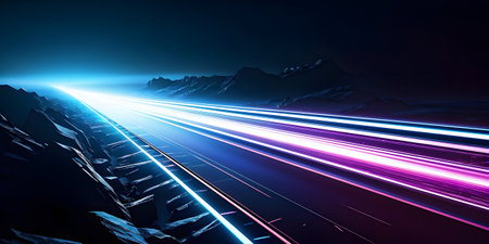 futuristic neon light streams in motion on black backgroundの素材