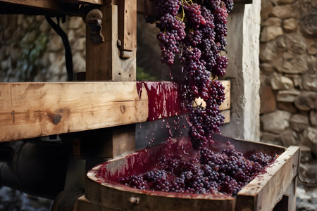 grape cluster mid crush in a traditional wine press with dynamic flow of juiceの素材
