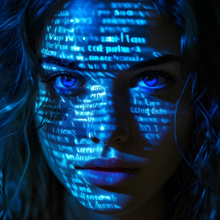 portrait of a female with projected digital text in various fonts and sizes cascading across her faceの素材