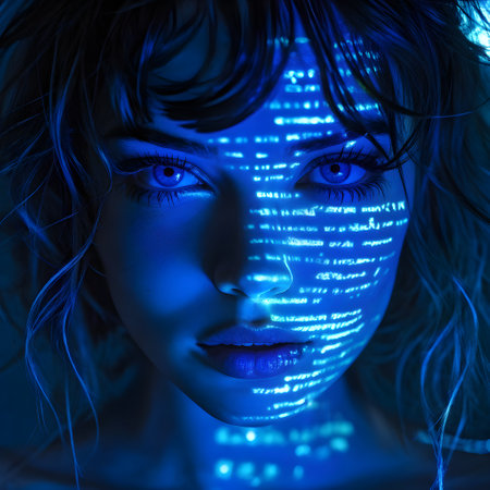 portrait of a female with projected digital text in various fonts and sizes cascading across her faceの素材