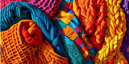 illustration background featuring a mix of vibrant textiles with overlapping arrays of colorsの素材