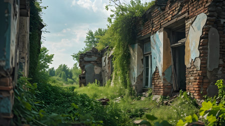 destroyed village ruins with crumbling building structuresの素材