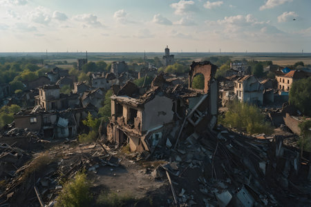 destroyed village ruins with crumbling building structuresの素材