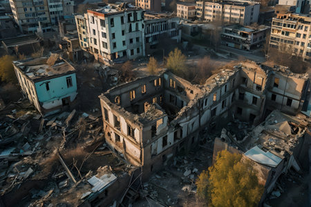 destroyed village ruins with crumbling building structuresの素材