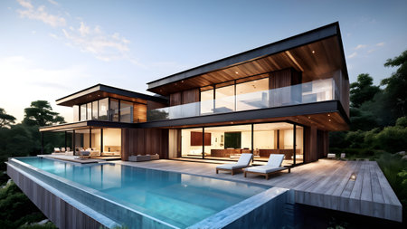 luxurious wooden house with swimming pool reflecting the opulence of billionaires nestled in sumptuous surroundingの素材