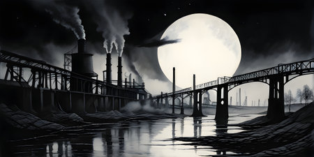 illustration of industrial landscape with river and smoking chimneys under a full moon symbolizes environmental pollutionの素材