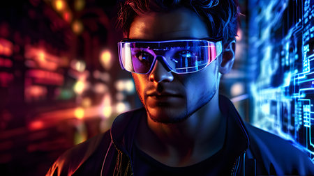 portrait of a man with data goggles displaying intricate streams of digital information against digital backgroundの素材