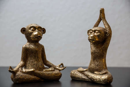 Two gold colored meditating monkey statues sitting on a black surface, the background of the picture is white and blurry.の写真素材