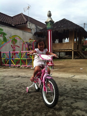 Little girl with her pink bicycle in front of the village playgroundの素材