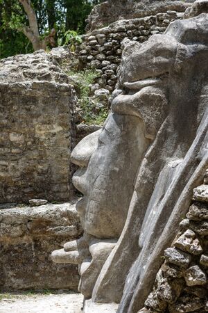 Close Up of Mask at Mask Temple, Lamanai Archaeological Reserve, Orange Walk, Belize, Central...