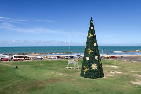 Cartagena de Indias, Bolivar/Colombia, December 13, 2017: A decorated christmas tree and a reindeer of light in Cartagena outside the city wall and fortress.の写真素材
