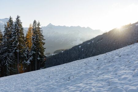 View of the mountain Kitzsteinhorn in winter with trees in the foreground. View from Keilberg,...