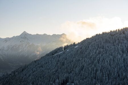 View of the mountain Kitzsteinhorn in winter with trees in the foreground. View from Keilberg, Schmittenhoehe, Zell am See, Salzburger Land, Austria.の写真素材