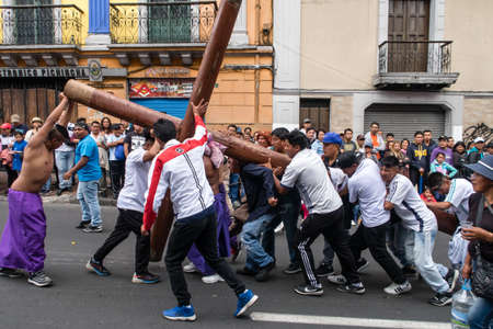 Quito, Pichincha, Ecuador - March 27, 2018: March of the Penitents at Good Friday procession at...